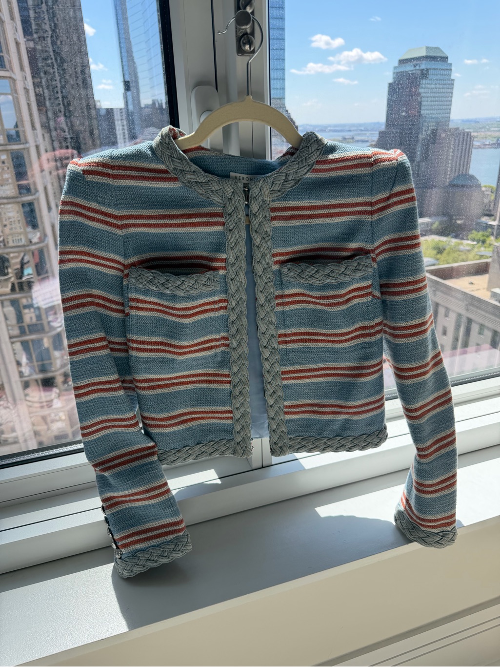 Veronica Beard Blue, Rust & Cream Striped Braided Trim Jacket